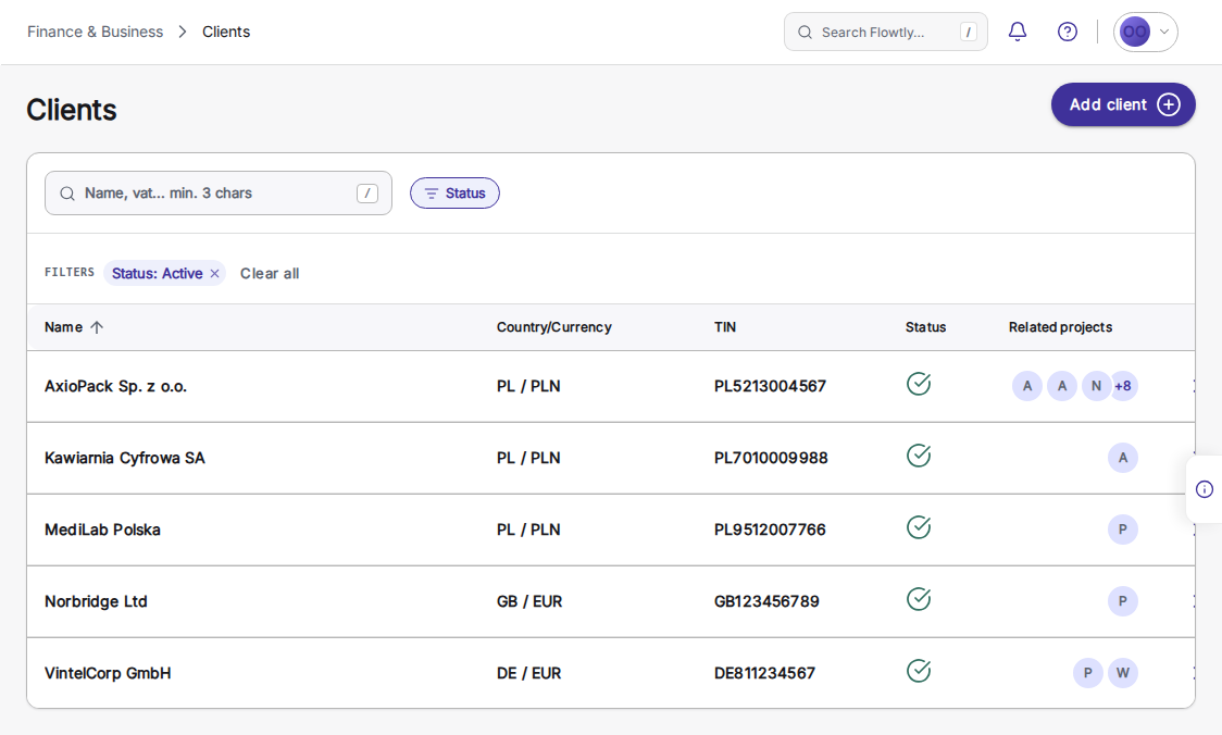 Lista de clientes en Flowtly con el botón Añadir cliente