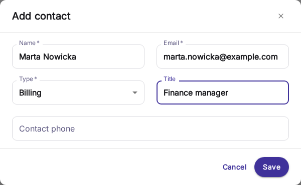 Formulario para añadir un contacto con campos de nombre, correo y tipo