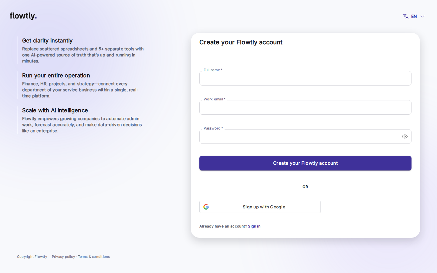 Formulario de registro de Flowtly abierto en el navegador