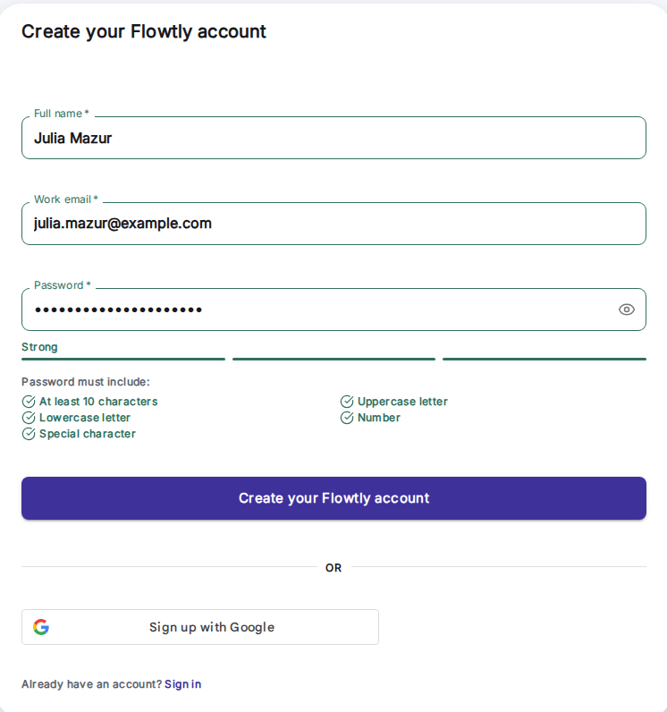 Usuario completando el formulario de registro de Flowtly
