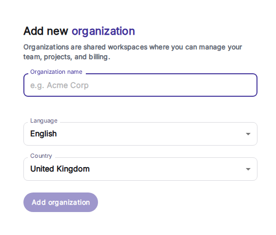 Modal de creación de organización solicitando un nombre
